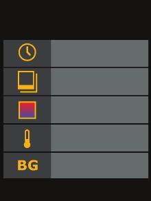 Menyfunksjoner Visual IR Thermometer Menyfunksjoner Trykk på for å åpne menyen. Menyen har alternativer for minne, strålingsevne, bakgrunnstemperatur, temperaturmarkører, dato og klokkeslett.