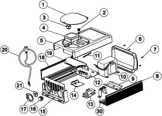 Deleoversikt for modellen SSC50-T 1 01041040 Luke 1 2 89380218 Sikringsholder 1 3 04010006 Bryter I/0/II 250V 6A 1 4 04010043 Tidsur med batteripakke 1 5 89380210 Frontdeksel med logo SSC50-T 1 6