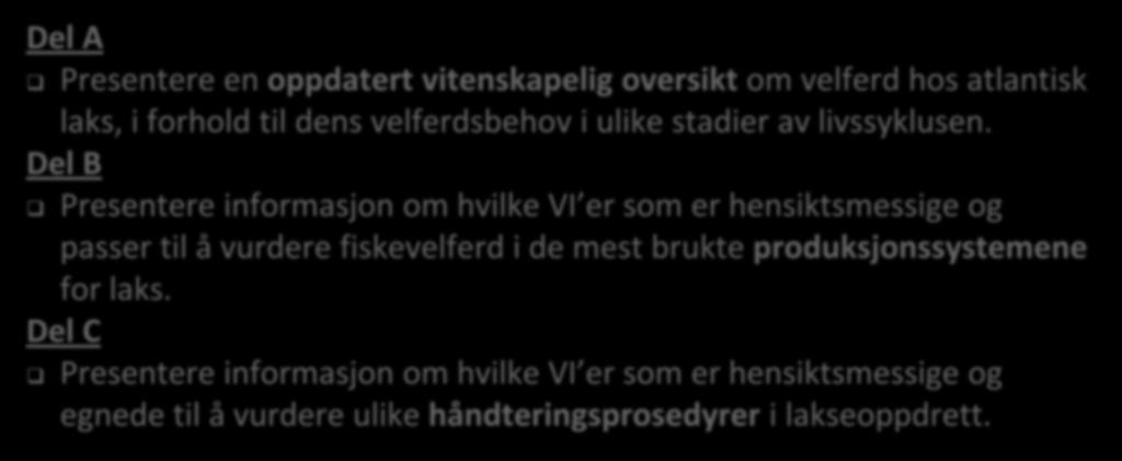 Hånboka består av tre deler Del A Presentere en oppdatert vitenskapelig oversikt om velferd hos atlantisk laks, i forhold til dens velferdsbehov i ulike stadier av livssyklusen.