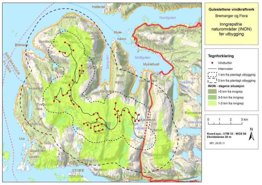 Sweco Norge AS 9 Inngrepsfrie naturområder Bygging av Guleslettene vindkraftverk vil medføre bortfall av 33,43 km 2 inngrepsfrie naturområder (INON) sone 2 (1-3 km fra tyngre tekniske inngrep), og