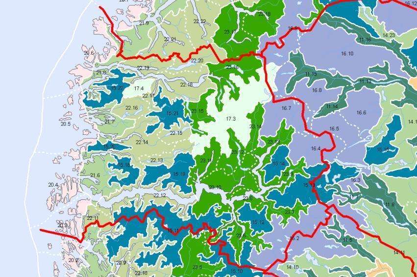 5.2 Beskrivelse av landskapet i planområdet og tilgrensende områder 5.2.1 Overordnede landskapstrekk Norsk Institutt for jord- og skogkartlegging (NIJOS) har delt landet inn i 45 landskapsregioner med 444 underregioner (NIJOS 2005).
