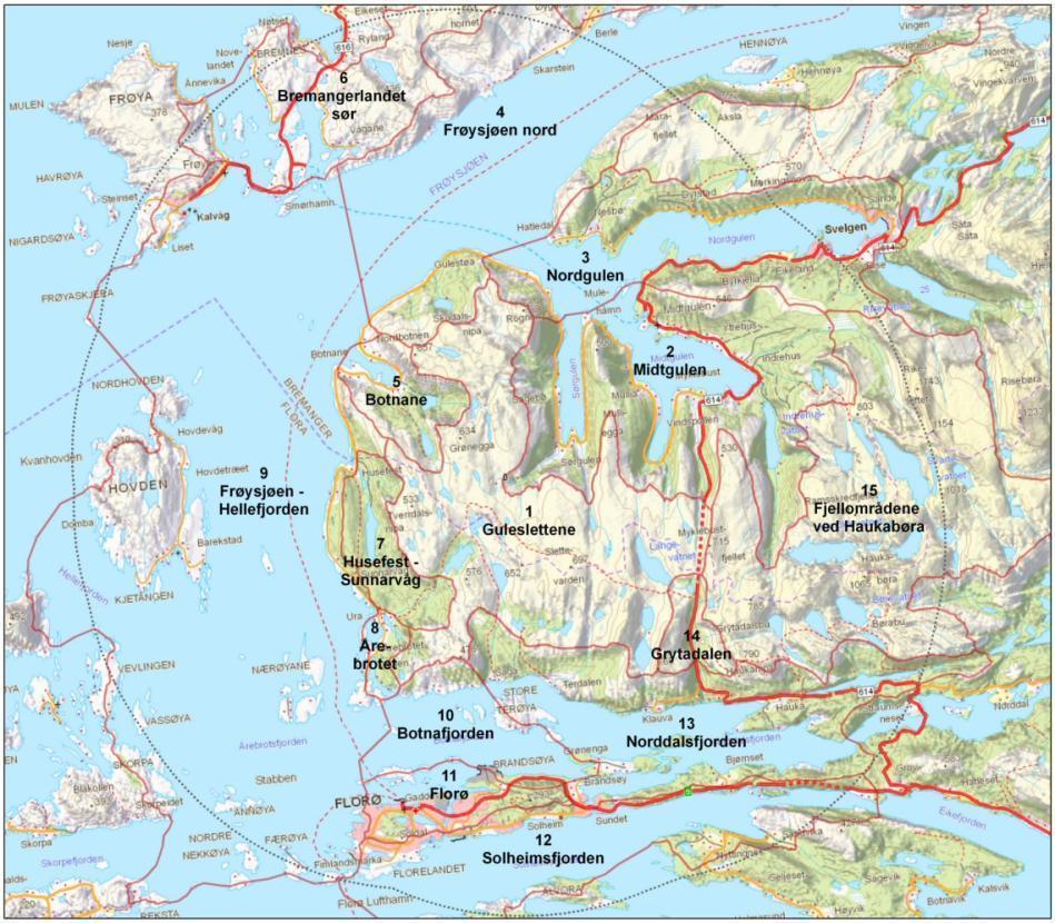 Figur 5-2. Utredningsområdet for Guleslettene vindkraftverk i Sogn og Fjordane er delt inn i 15 delområder som hver er beskrevet og gitt en landskapskarakter.