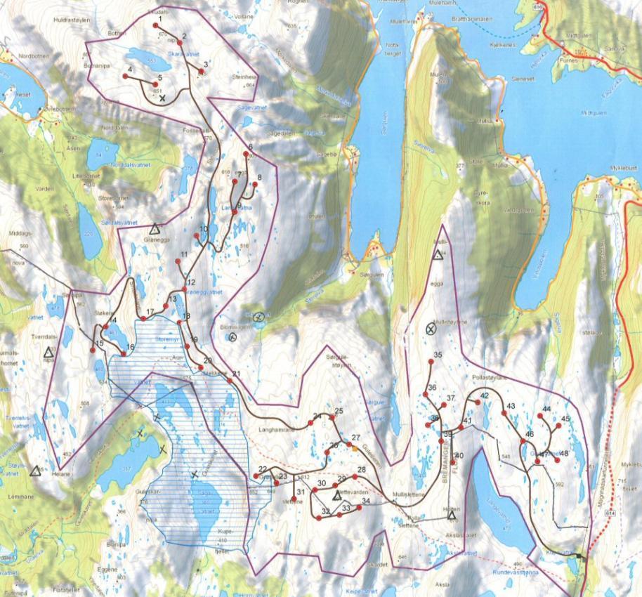 Sweco Norge AS Figur 6-10. Kartet viser kulturhistoriske verdier i og like utenfor planområdet. Kryssene mellom Sagavatnet og Aurbrekkvatnet viser plassering av innrapporterte murkonstruksjoner.