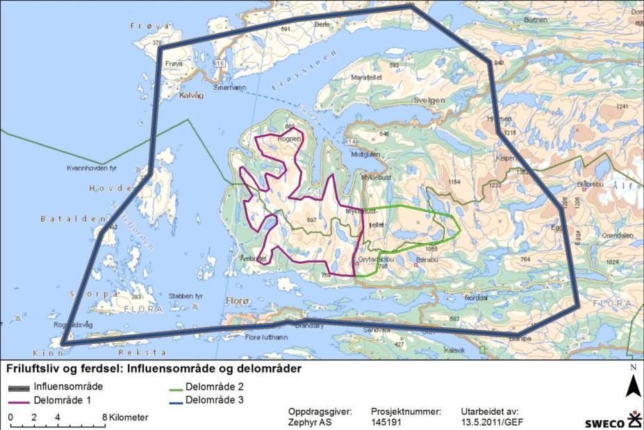 Sweco Norge AS Figur 7-1. Influensområde for friluftsliv. Influensområdet er delt inn i tre delområder. I Sogn og Fjordanes Fylkeskommunes fylkesdelplan for arealbruk i Sogn og Fjordane (vedtatt 18.