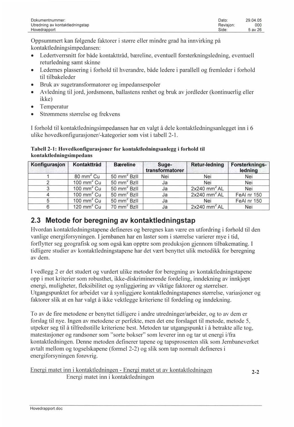 Utredning av kontaktledningstap Hovedrapport Revisjon : 5 av 26 Oppsummert kan følgende faktorer i større eller mindre grad ha innvirking på kontaktledningsimpedansen: Ledertverrsnitt for både