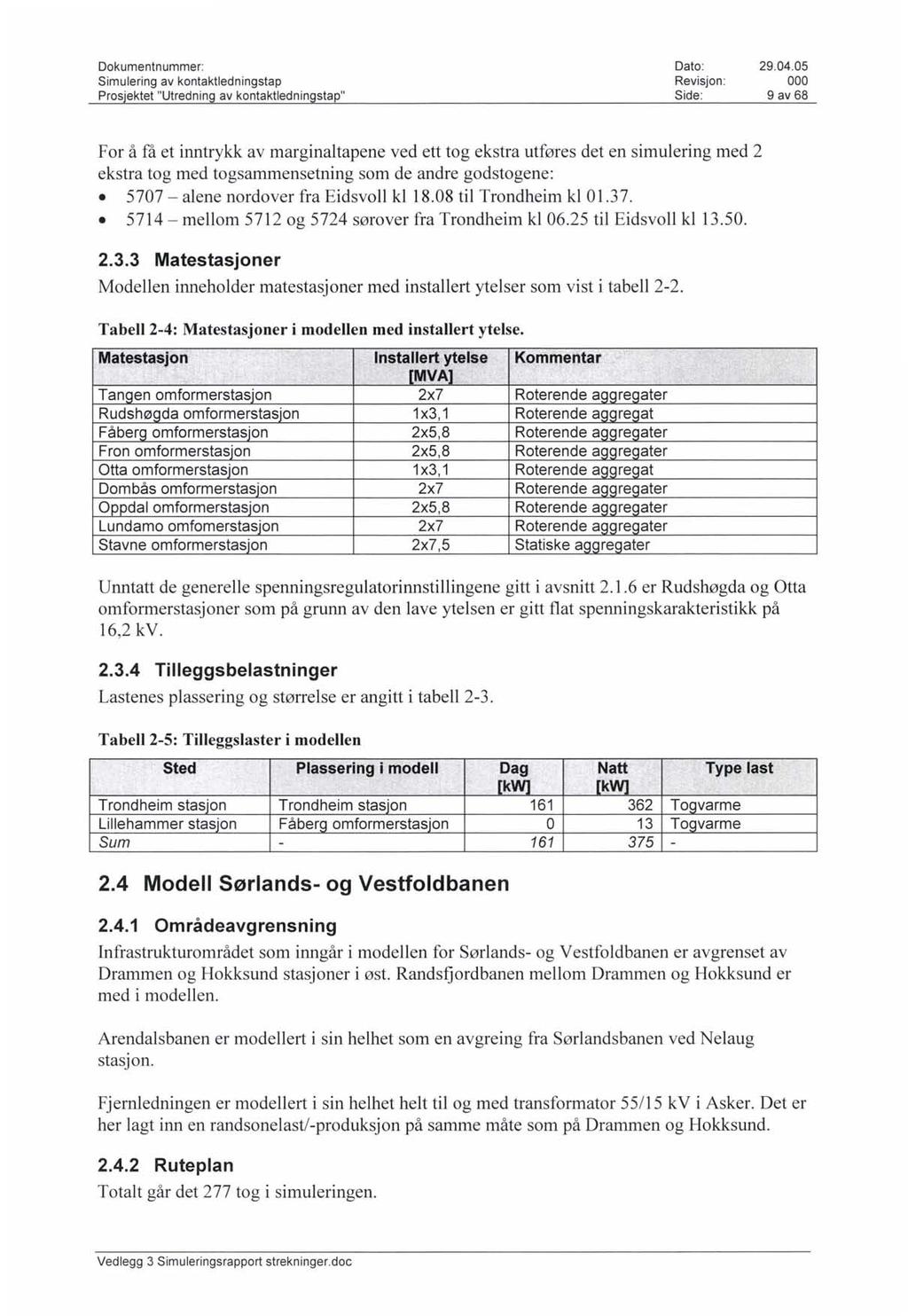 Simulering av kontaktledningstap Revisjon : 9 av 68 For å få et inntrykk av marginaltapene ved ett tog ekstra utføres det en simulering med 2 ekstra tog med togsammensetning som de andre godstogene: