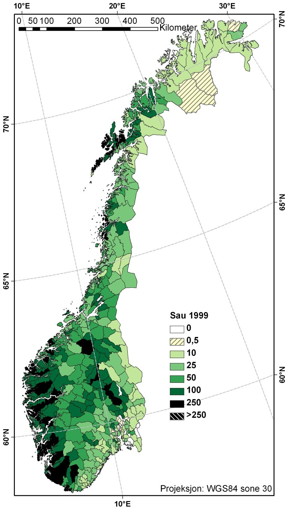 Fordeling av sauens metabolsk biomasse i norske kommuner i 1999 Økning i fjellet, nedgang på kysten fra 1949-1999 3000000000 Sum av TOTBEITE 2500000000