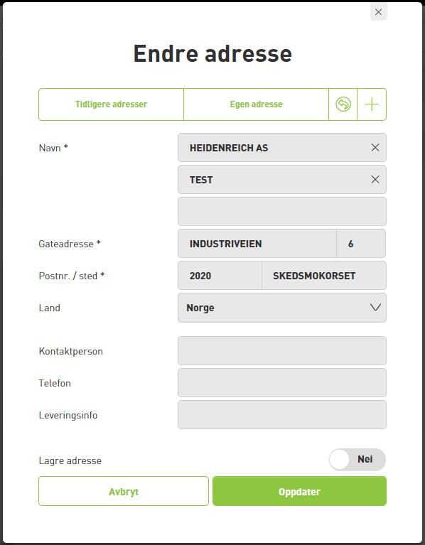 Trykk på "Endre adresse" for å legge inn leveringsinfo Når man er fornøyd med ordre kan man levere ordre til bestilling ved å trykke på: Man vil da bli bedt om å bekrefte dette, og får så opp en