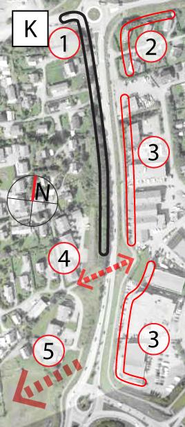 Gang- og sykkelvei ligger mellom Karmsundgata og bebyggelsen på østsiden. 1. Støyvold med vegetasjon, ingen funksjonell forbindelse mellom Karmsundgata og bygningsmiljø bak støyvolden. 2.