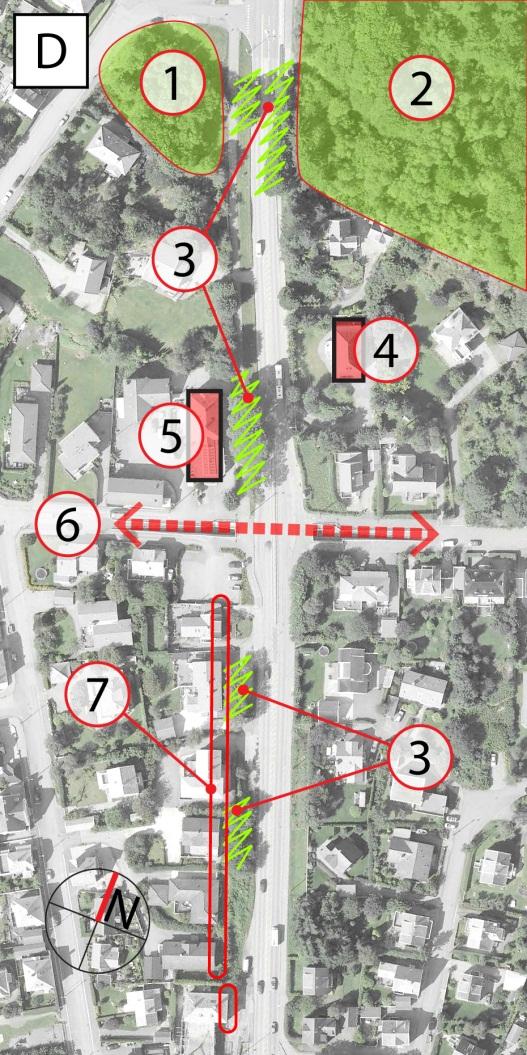 Viktige trær som danner rom og trekker grøntarealene fra punkt 2 lengre ut mot vest, over vegen