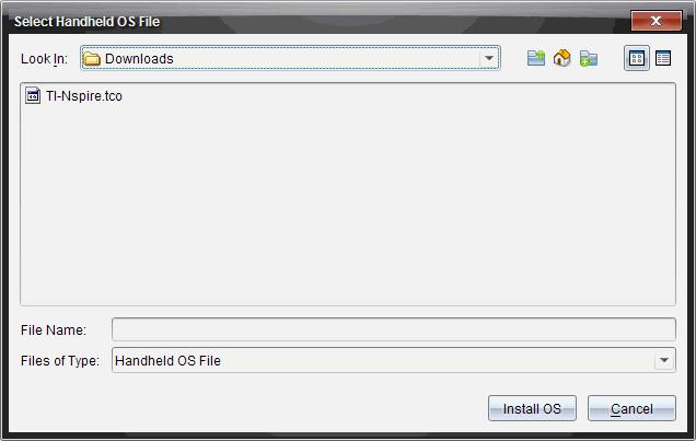 Filen som vises for valg er standard filtype for valgt labenhet. 1. Velg OS-filen TI-Nspire.tlo. 2. Klikk på Installer OS for å laste ned OS-filen og oppdatere laboratorieenheten.