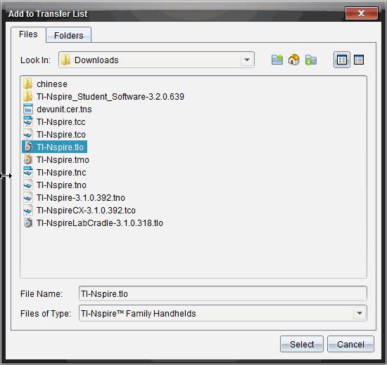 4. Klikk på Legg til OS-fil. Dialogboksen Legg til i overføringslisten åpnes. 5. Naviger til mappen på datamaskinen hvor operativsystemfilen er plassert. 6. Velg TI-Nspire.tlo filen. 7. Klikk på Velg.