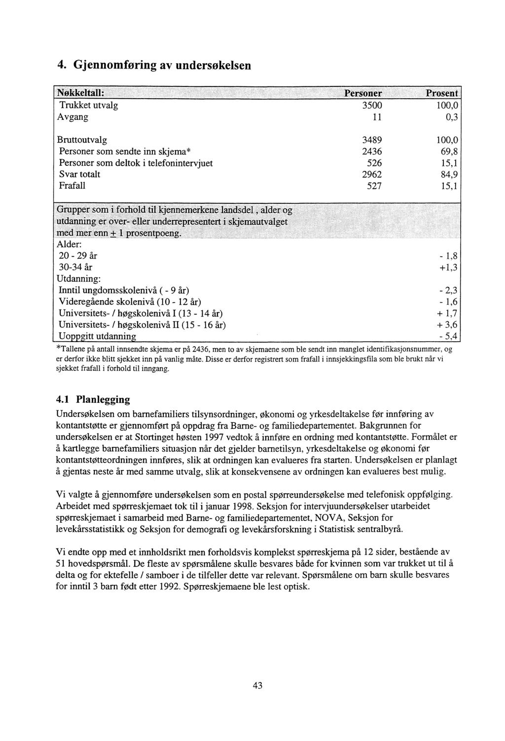 4. Gjennomføring av undersøkelsen Personer Prosent Trukket utvalg 3500 100,0 Avgang 11 0,3 3489 Bruttoutvalg 100,0 Personer som sendte inn skjema* 2436 69,8 Personer som deltok i telefonintervjuet