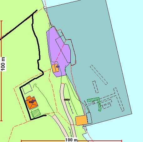 Arealføremål i sjø er hamn. Eigedomen ligg innanfor 100-meters beltet langs sjø. Utsnitt frå kommuneplan Bygningsstatus Det ligg føre byggeløyve frå 2006 for dei nausta som no er søkt frådelt.