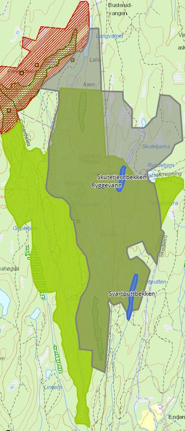 Naturtypelokaliteter som ligger på naturbase er vist som grønt, mens blått