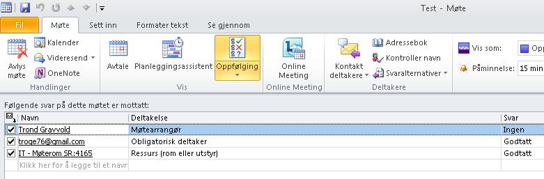 En får mail i det noen svarer på møte innkallelsen (kan også innkalle