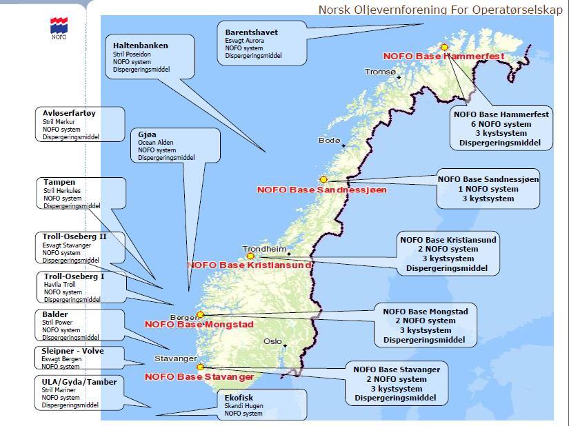 Figur 4-4 NOFOs utstyrsoversikt per september 2014 [9] Tabell 4-6 Avstander fra 6706/12-2 Snefrid N til aktuelle oljevernressurser Navn Type Avstand (nm) Skandi Hugen - Ekofisk NOFO Vessel 649 Stril