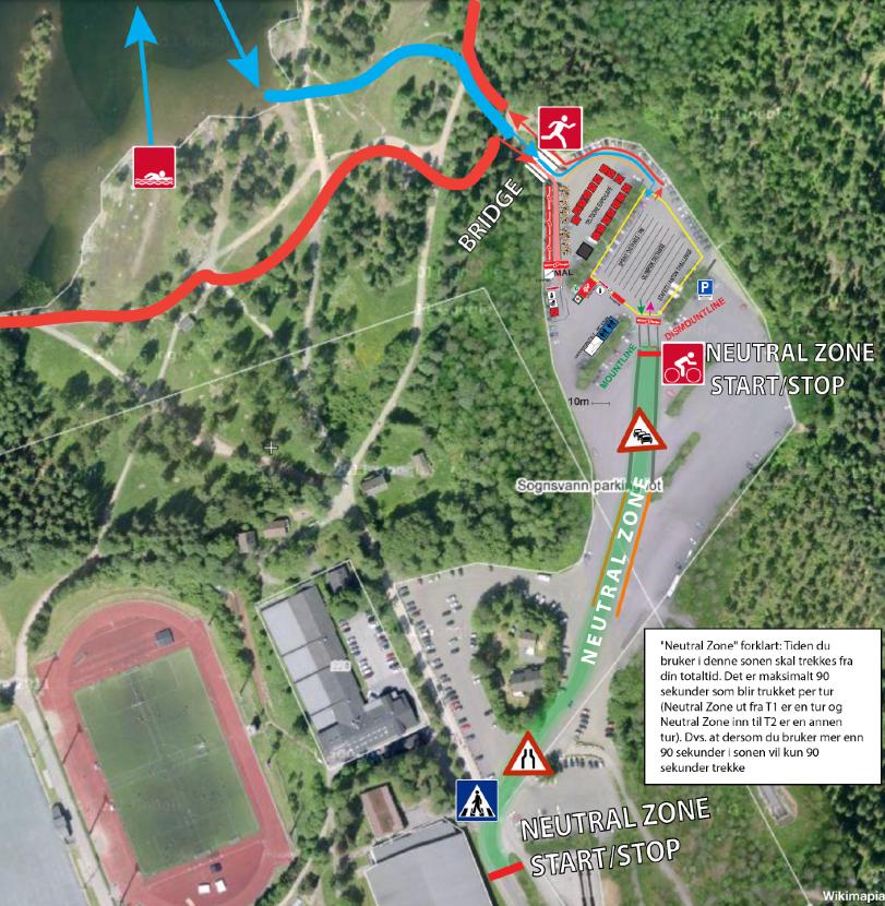 SYKLING Fra T1 (inngang skiftesone fra svømming) er det ca. 30 meter å løpe til mountline (hvor man kan gå på sykkelen). VIKTIG!