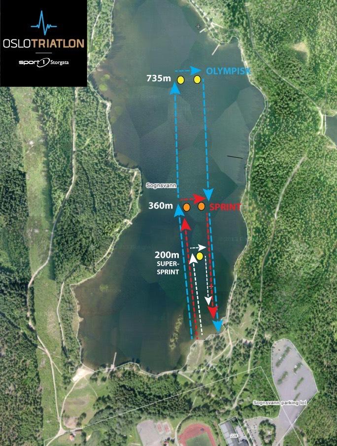 SVØMMING Svømmetrase er i Sognsvann. Olympisk runde er på 1500m og kort runde er 750m ( alle distanser markert med gule bøyer). Sørg for korrekt plassering ved svømmestart.