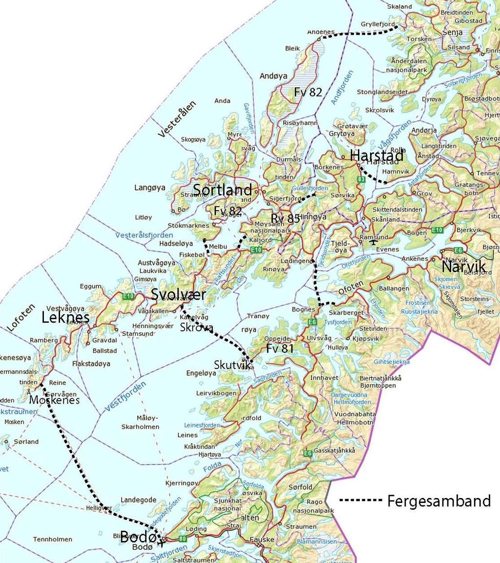 2.5.3 Luftfart Harstad/Narvik lufthavn Evenes er i dag den eneste store flyplassen som har fergefri forbindelse til Lofoten og Vesterålen.