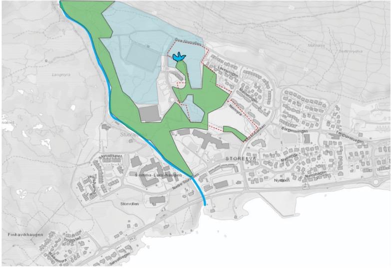 Markregistrering I dag: Mye myr (lyseblått) Vannspeil (blått) Bjørkeskog (grønt) Føring: Legge lekeplasser og grøntområder der det