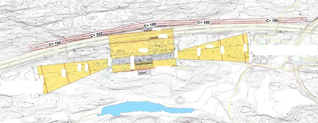 landing er forholdsvis vide og er i stor grad bestemmende for plassering av andre anlegg på tomten. Helikopterplassen plasseres derfor i nord-sørlig retning på den høyeste delen av tomten, nærmest E6.