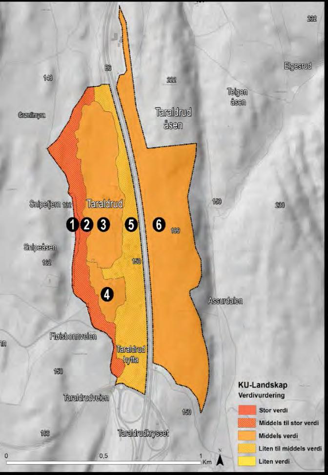 Figur 6-8 Verdikart med delområder. Område 1 er Snipetjern. Område 2 er randsonen mot Snipetjern og Marka i Oppegård. Område 3 er den eksisterende dyrka marka. Område 4 er et skogholt sør for gården.