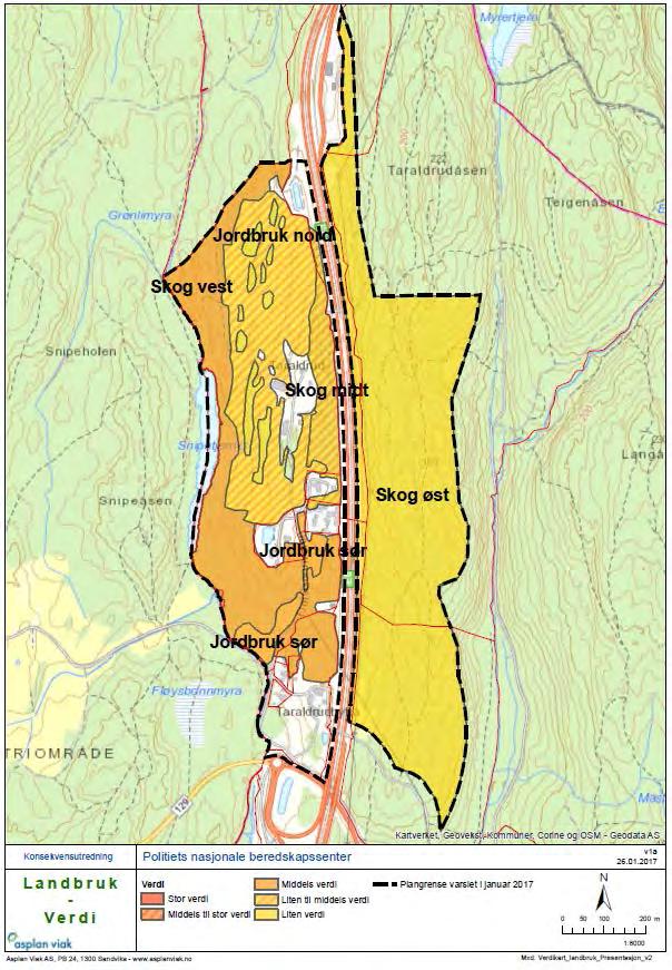 Figur 6-10 Kart som viser egnethet på jordbruksarealene (til venstre). Gul farge viser arealer som er godt egnet. Figur til høyre viser verdikart.