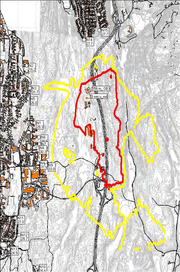 Figur 6-15 Gjennomsnittstøy, LDEN, fra skytebanene. Til venstre vises basis scenario med skyting på dagtid.