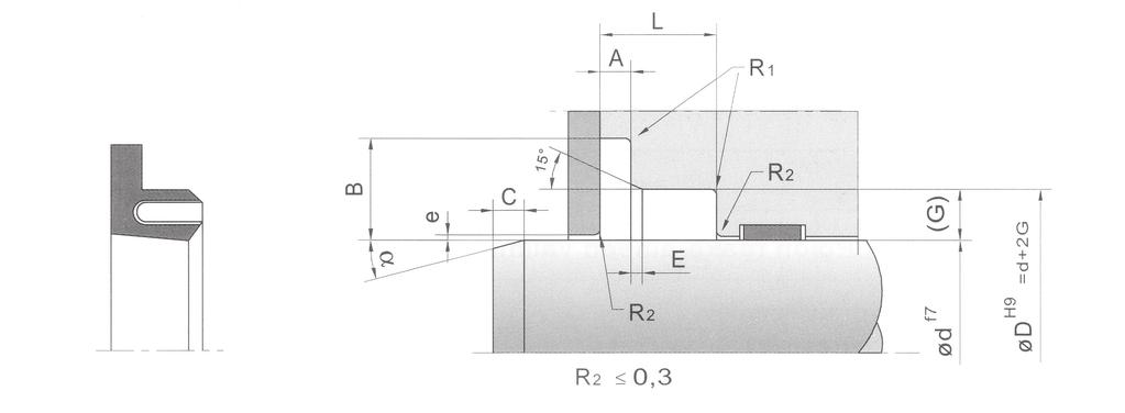 Tverrsnitt O-ring snor tykkelse d min D min x -0,1 R a A 1,78 12,0 15,0 0,5 0,4 2,0 B 2,62 20,0 21,0 0,6 0,4 2,0 C 3,53 30,0 25,0 0,7 0,6 2,5 D 5,33 40,0 30,0 0,9 0,8 3,0 E 6,99 55,0 45,0 0,9 0,8 3,0