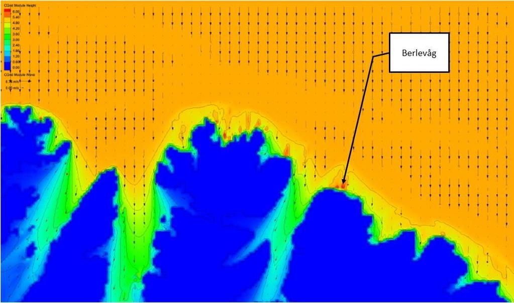 Figur 2 Bølger inn ot Berlevåg ved bølgeretning fra nord. Figur 3 Bilde av havbølger so koer inn ot Berlevåg fra retning 45º. Vanndybden i øvre høyre hjørne er ca 25.