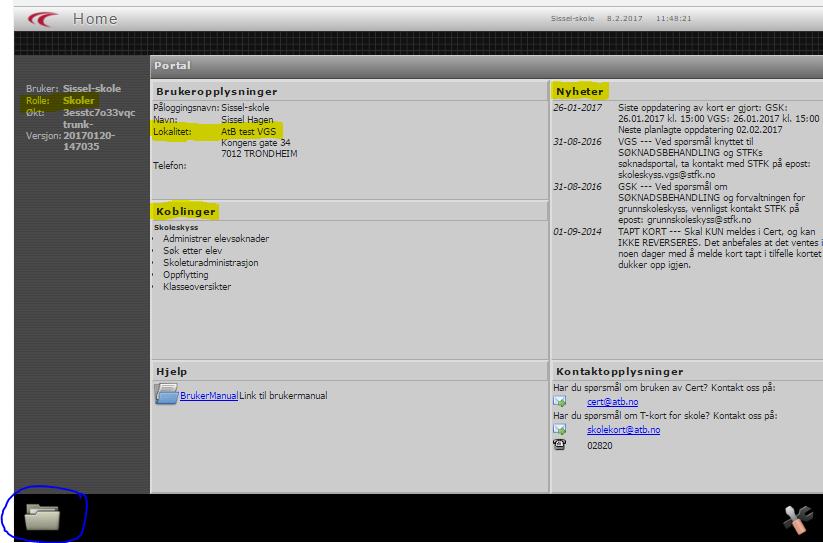 Første side som kommer opp etter innlogging i CERT gir informasjon og «brukeropplysninger» om deg som bruker, hvilken rolle du har (Skoler) og hvilken skole