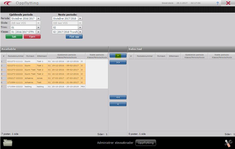 1. Sjekk at gjeldende periode er riktig, trinn og klasse. 2. Neste periode = neste skoleår, trinn og klasse 3. SØK 4. Merk elevene i listen og FLYTT over i neste kolonne 5. «FLYTT OPP» 1.