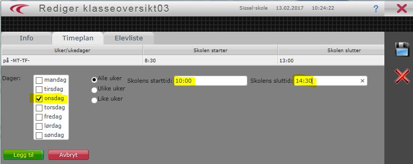 Dersom det er forskjellige tidspunkt fra dag til dag, så legges det inn i flere omganger. Eksempelvis slik det er vist i bildet over, der onsdagen ikke er valgt.