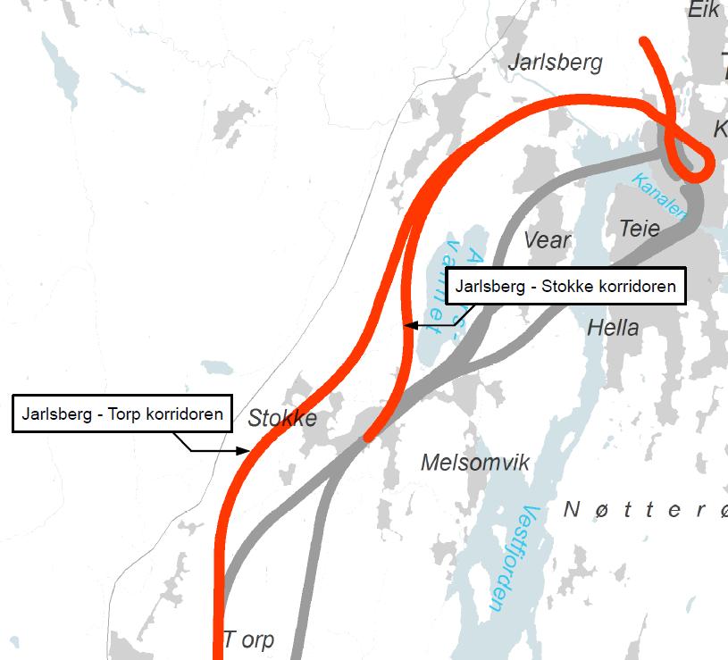 Utredes ikke: Jarlsberg-Torp(B) og Jarlsberg-Stokke(B) Det er vurdert enkeltspor, dobbeltspor og ulike høyder (vertikalnivå) i