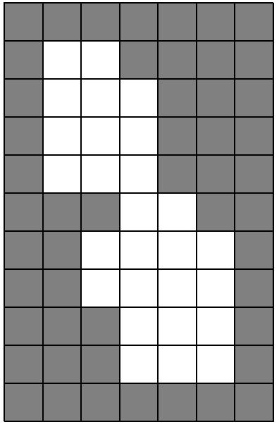 Oppgave 5: Binær morfologi La hvitt være 1 og grått være 0 i det binære bildet nedenfor: Det skal utføres morfologiske operasjoner på dette bildet, ved å benytte et 3 x 3 kvadratisk strukturelement