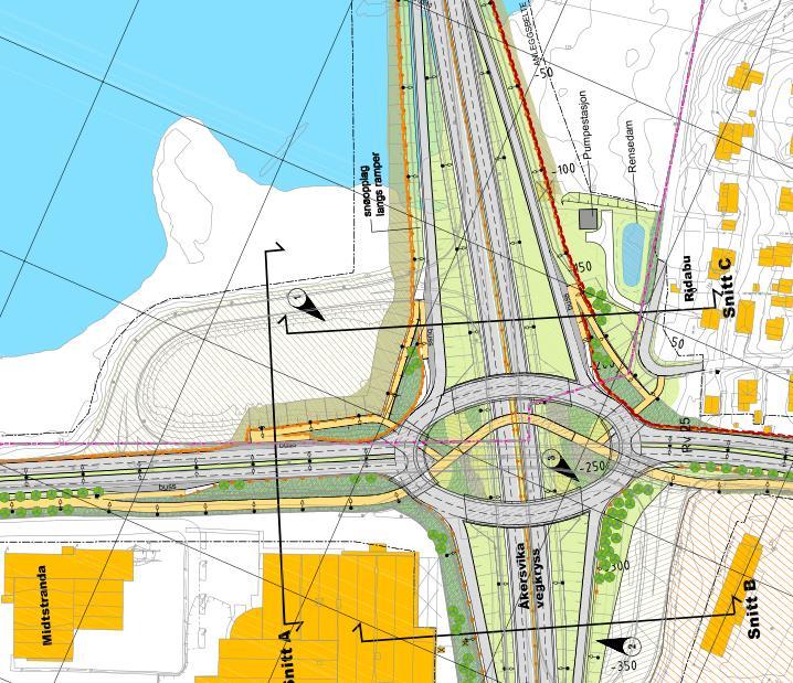 Kollektivtiltak Planen inneholder holdeplasser for buss på rampene i begge kryssene,