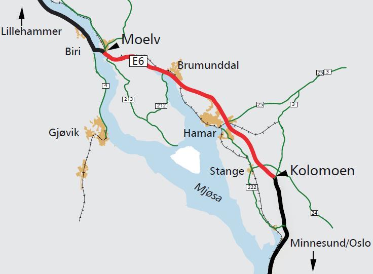 Utbygging Stortinget har understreket ønske om en sammenhengende utbygging til Moelv. Regjeringen har gjennom St.meld.