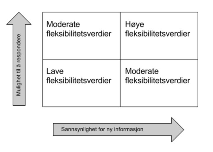 Fleksibilitet kan bli sett på som et mål på hvor godt prosjektet kan tilpasse seg ny informasjon underveis, og verdien vil avhenge av sannsynligheten for at det kommer ny informasjon og hvilke