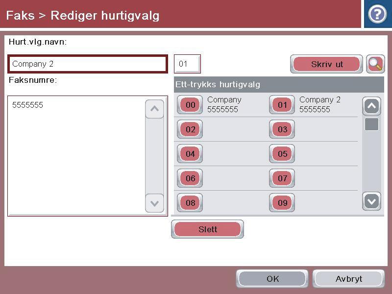 6. Skriv inn faksnummeret for kortnummeret. MERK: Hvis du vil angi flere faksnumre for et hurtigvalg, trykker du på skjermen til høyre for det siste sifferet i faksnummeret som sist ble angitt.