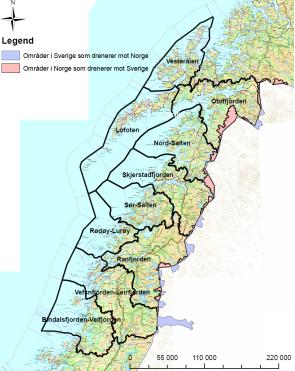 Kart 1. Kart over vannregion Nordland med vannområder og grenseoverskridende vassdrag. Kart 2. Detaljert kart over vannregionene som grenser mellom deler av Norge og Sverige.