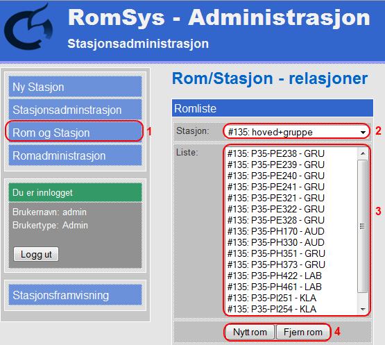 9 Relasjon mellom rom og stasjon På denne menyen kan du se hvilke rom som er listet opp på de ulike stasjonene.