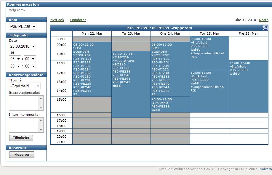 Figur 1: Viser alle reservasjonene til det valgte grupperommet. 1.4 Mål Hovedoppgaven til applikasjonen er å vise studentene hvor de forskjellige forelesningene foregår og i hvilke tidspunkt.