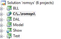 Figur 12 viser hvordan all kode tilhørende de ulike lagene har blitt gruppert under egne prosjekter i RomSys.
