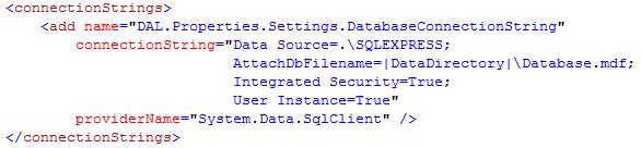 Figur 49: Oppkoblingsdata for databasen lagret i app.config-filen i DAL-prosjektet. 5 Sikkerhet 5.