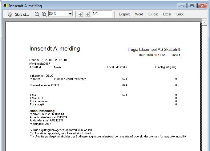 side 11 A-meldingen med tidligere avgiftsgrunnlag A-meldingen for februar blir slik: Pjokken med arbeidsforhold og med forskuddstrekk.