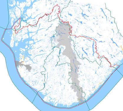 Figur 6: Vannregion Sør-Vest (rød avgrensning). Vannområdene Otra og Figgjo (grått felt) som ble utvalgt til pilotfasen 2010-2015.