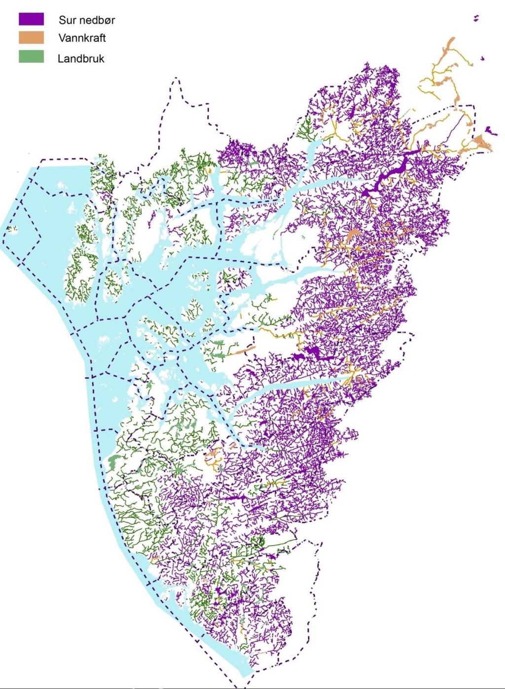 Figur 22: De tre dominerende påvirkningsfaktorene på vann i vannregion Rogaland; sur nedbør (lilla), vannkraft (gul) og landbruk