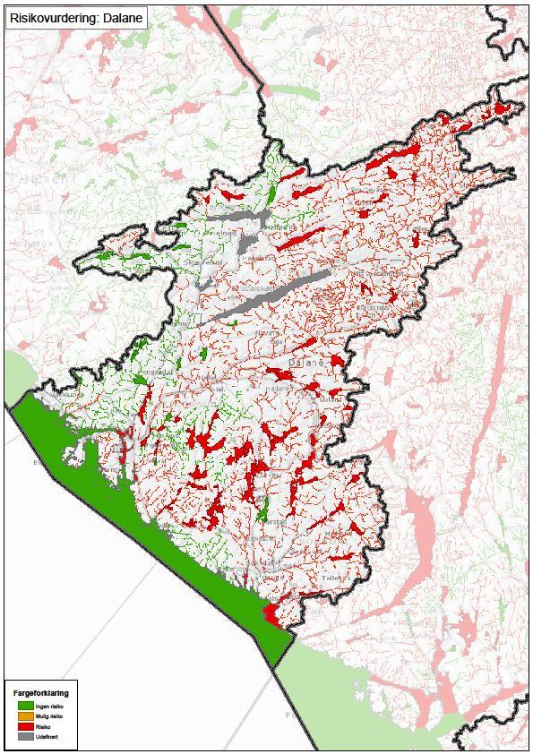Figur 35: Kartframstilling av risikobildet for overflatevann i Dalane