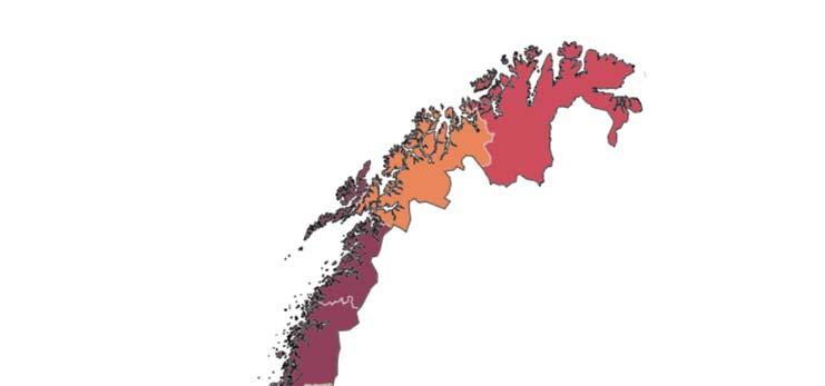 30 dagers overlevelse per opptaksområde for førstegangshjerteinfarkt Figur 9 viser sannsynlighet for overlevelse ved bruk av opptaksområde som analyseenhet.